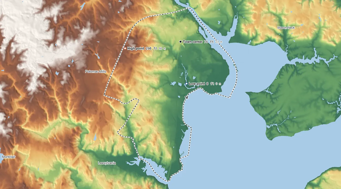 Topographic elevation map of Woodbridge, Virginia, shaded from sea level level on Occoquan Bay to 290 ft on the west side
