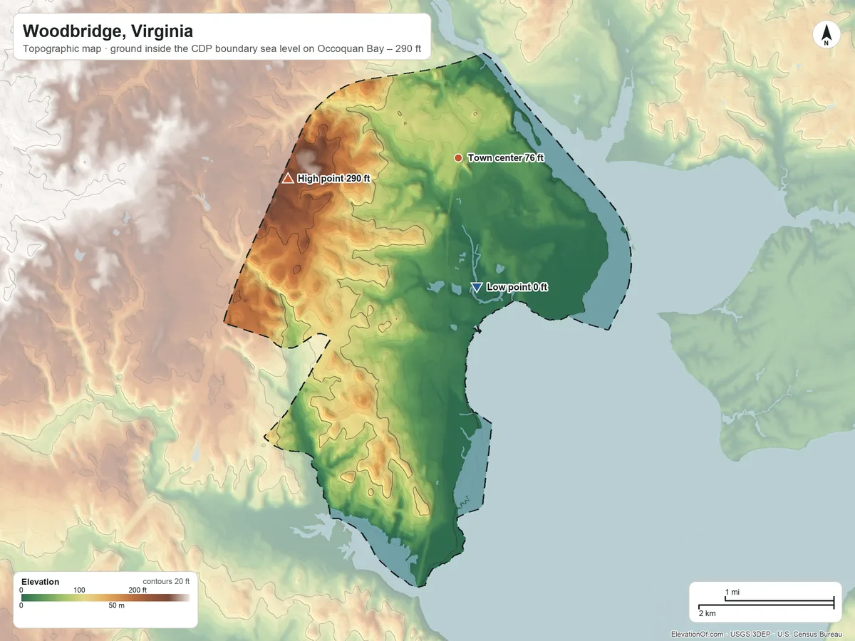 Topographic elevation map of Woodbridge, Virginia, shaded from sea level level on Occoquan Bay to 290 ft on the west side