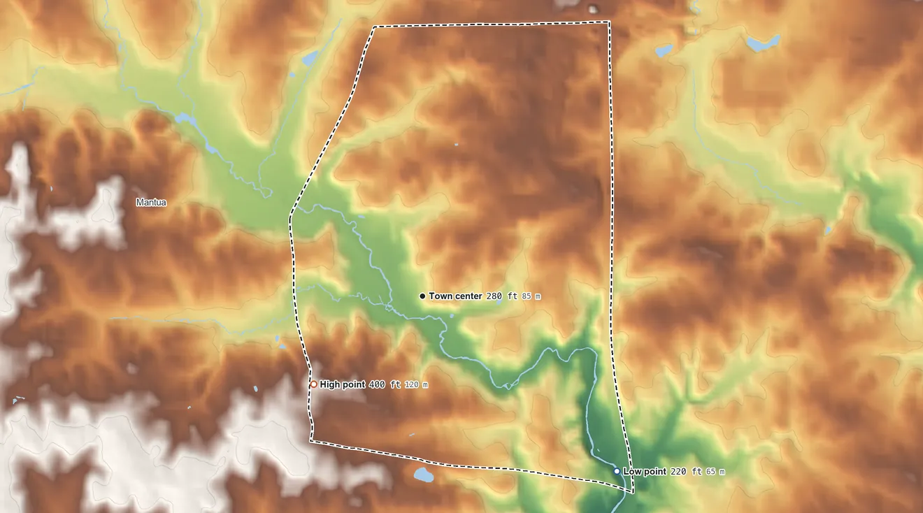 Topographic elevation map of Woodburn, Virginia, shaded from 220 ft on the southeast side to 400 ft on the southwest side
