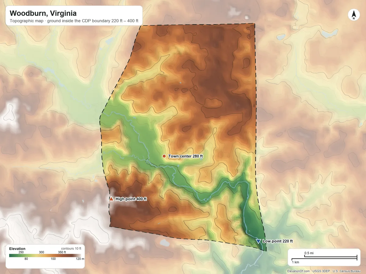 Topographic elevation map of Woodburn, Virginia, shaded from 220 ft on the southeast side to 400 ft on the southwest side
