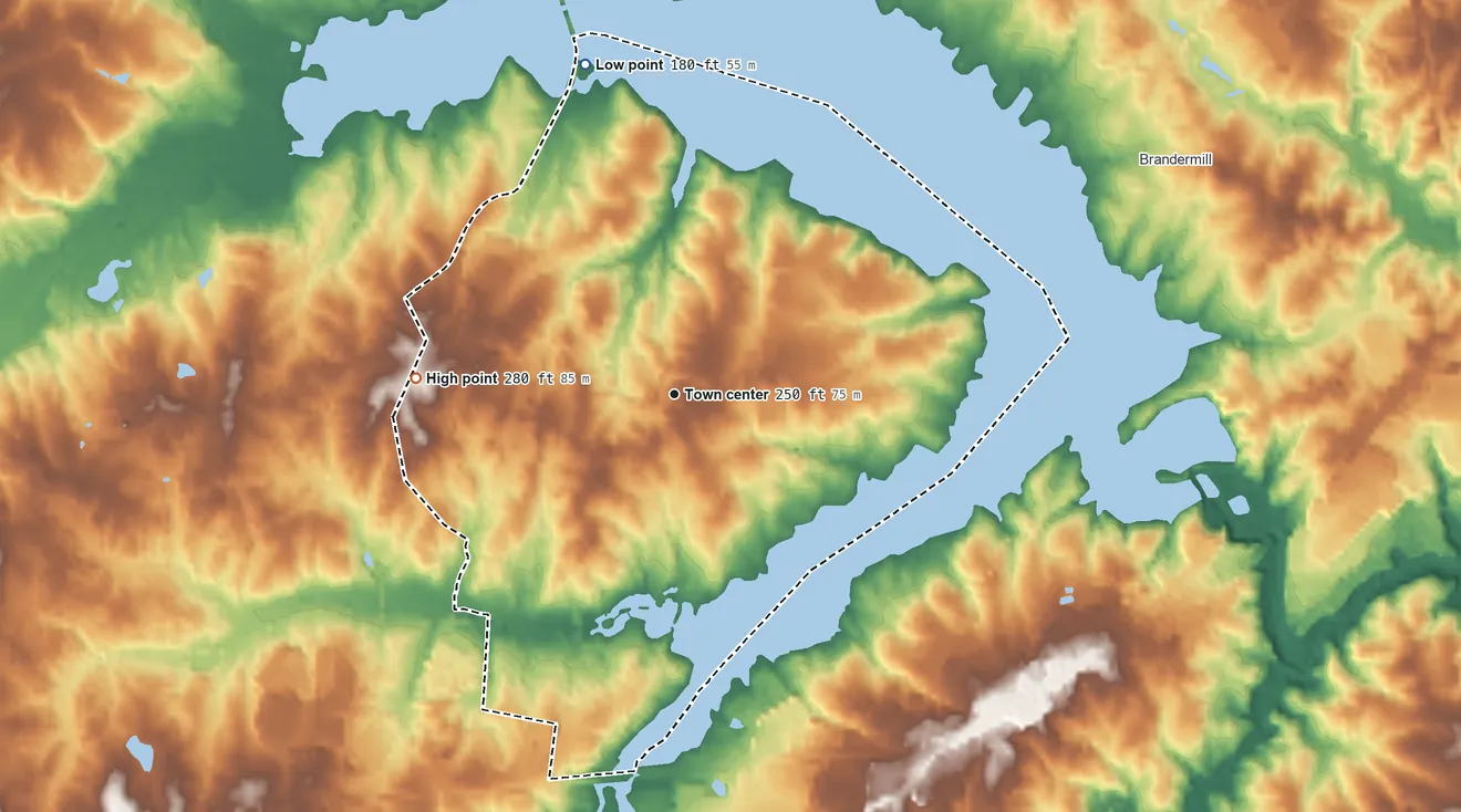 Topographic elevation map of Woodlake, Virginia, shaded from 180 ft on the north side to 280 ft on the west side