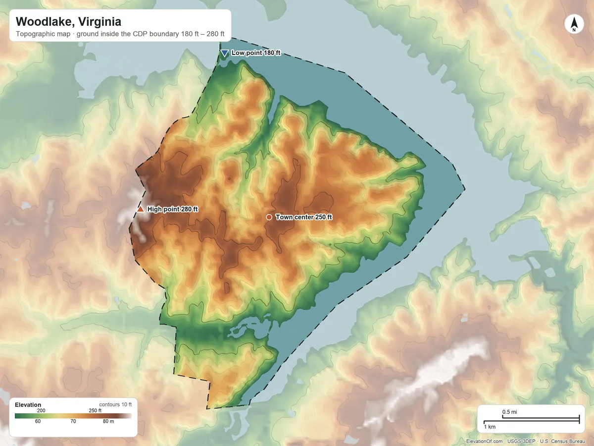 Topographic elevation map of Woodlake, Virginia, shaded from 180 ft on the north side to 280 ft on the west side