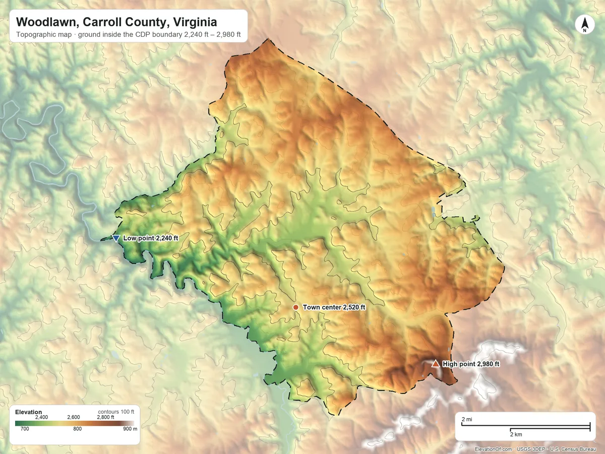 Topographic elevation map of Woodlawn, Carroll County, Virginia, shaded from 2,240 ft on the west side to 2,980 ft on the east side