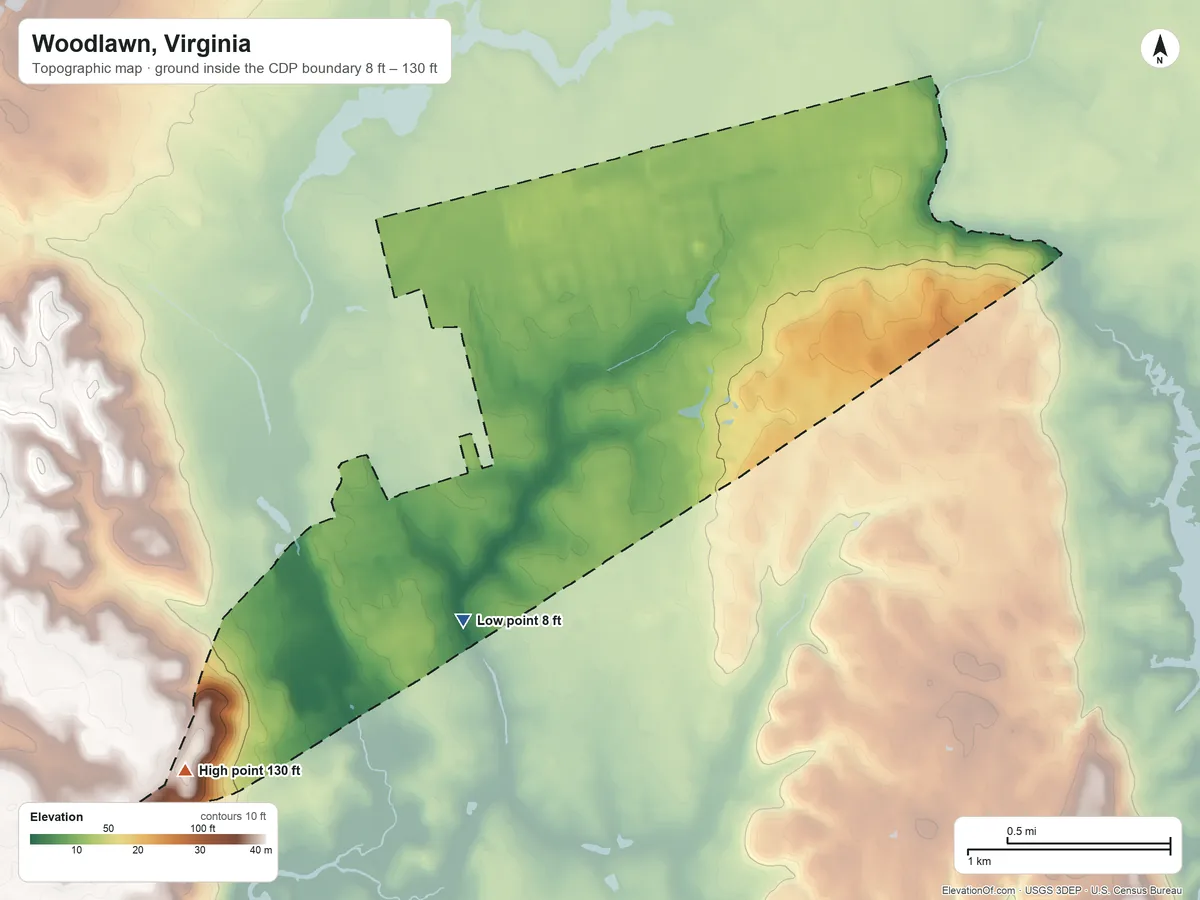 Topographic elevation map of Woodlawn, Virginia, shaded from 8 ft on the southwest side to 130 ft on the southwest side