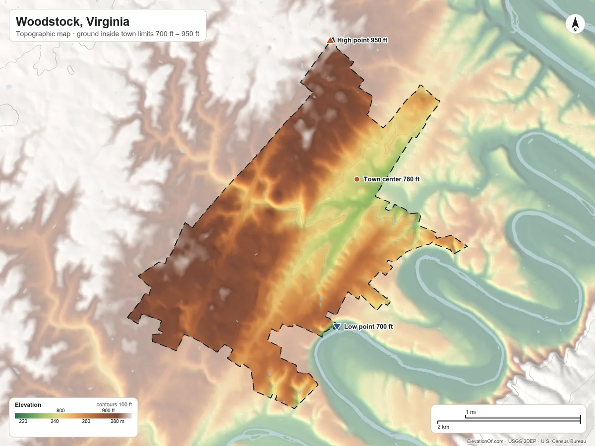 Topographic elevation map of Woodstock, Virginia, shaded from 700 ft on the south side to 950 ft on the north side