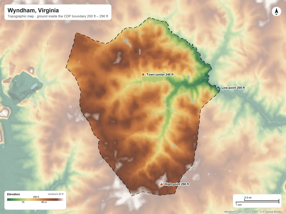 Topographic elevation map of Wyndham, Virginia, shaded from 200 ft on the east side to 290 ft on the south side