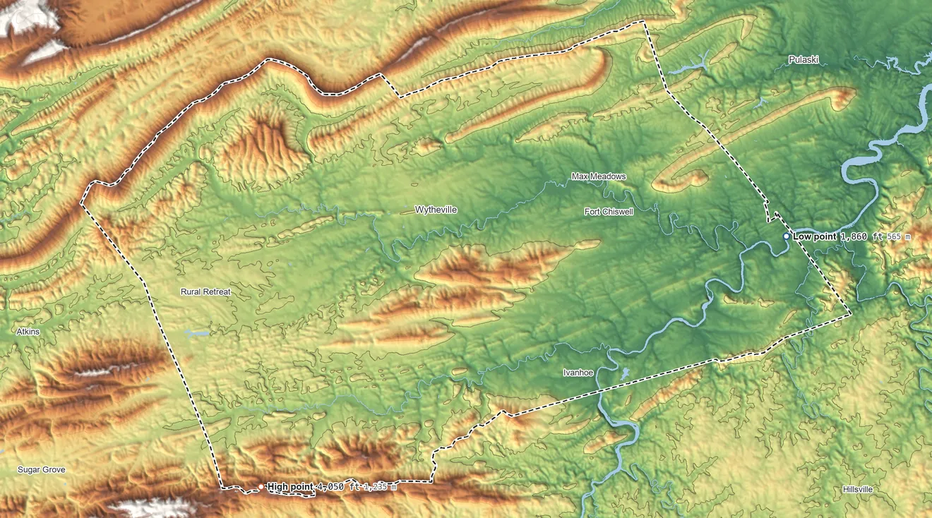 Topographic elevation map of Wythe County, Virginia, shaded from 1,860 ft on the east side to 4,050 ft on the southwest side