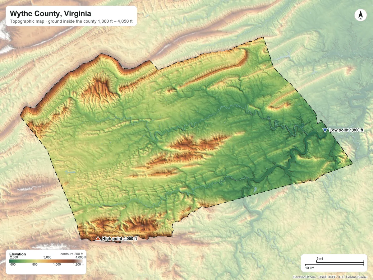 Topographic elevation map of Wythe County, Virginia, shaded from 1,860 ft on the east side to 4,050 ft on the southwest side