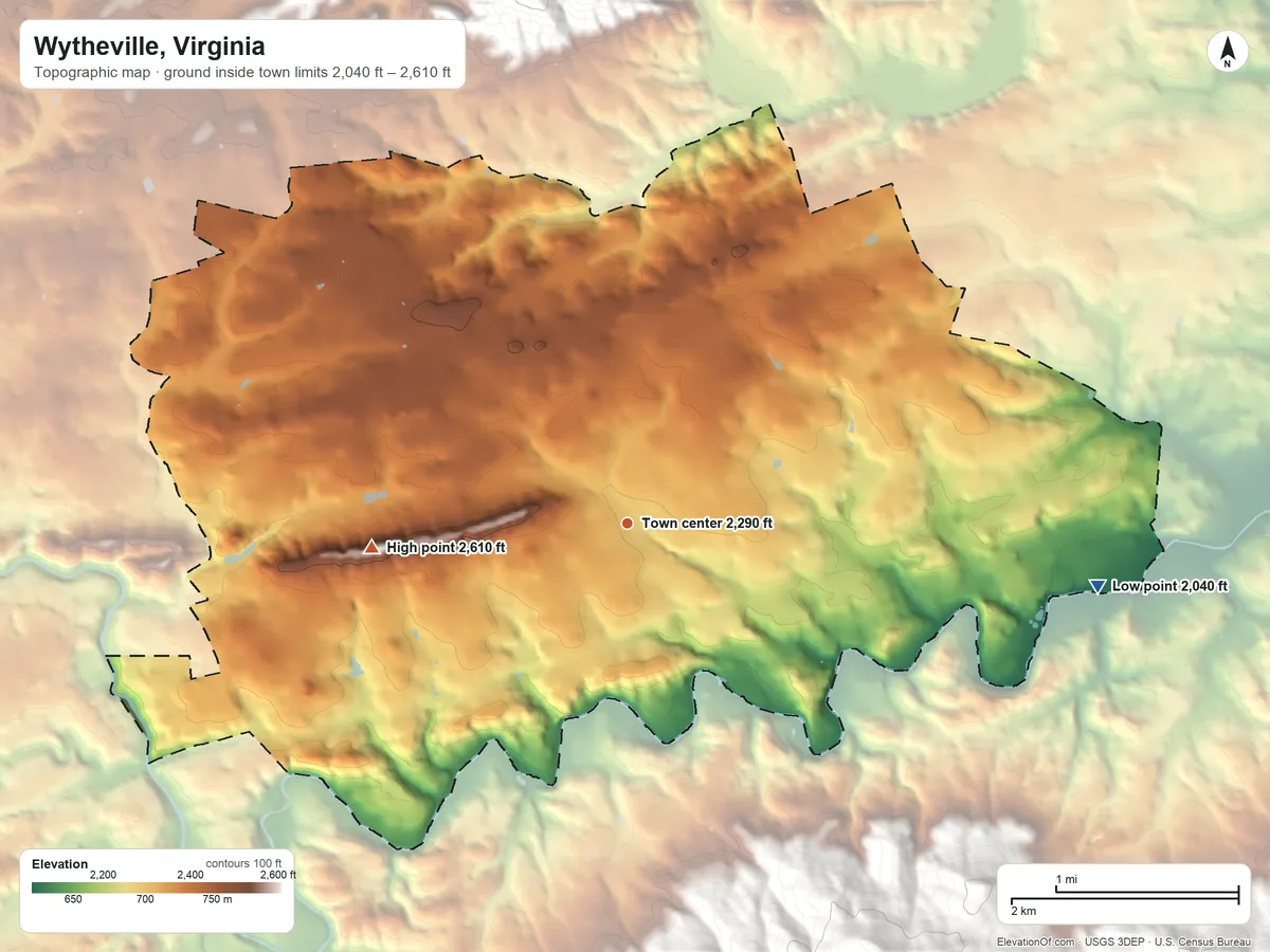 Topographic elevation map of Wytheville, Virginia, shaded from 2,040 ft on the east side to 2,610 ft on the west side