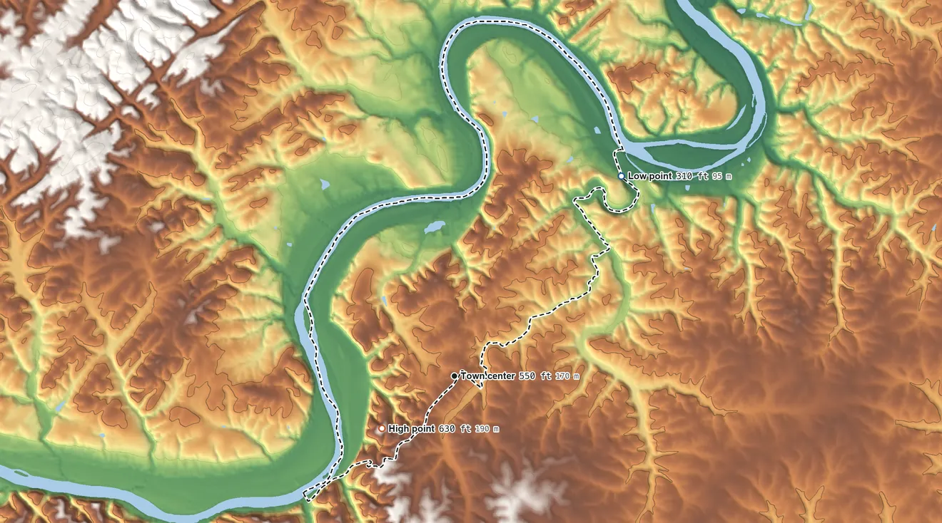Topographic elevation map of Yogaville, Virginia, shaded from 310 ft on the northeast side to 630 ft on the southwest side