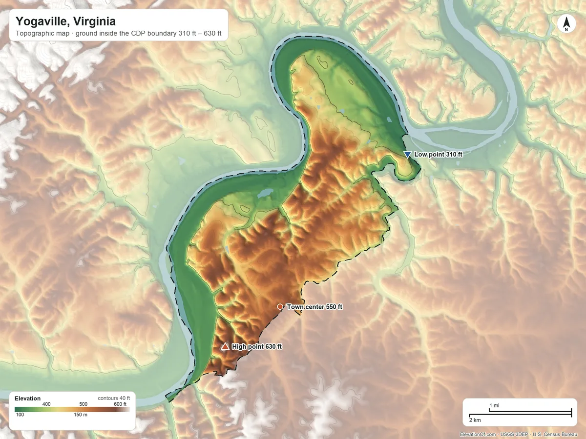 Topographic elevation map of Yogaville, Virginia, shaded from 310 ft on the northeast side to 630 ft on the southwest side