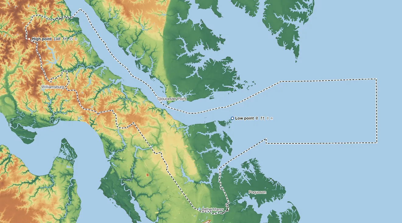 Topographic elevation map of York County, Virginia, shaded from sea level on Chesapeake Bay to 140 ft on the northwest side