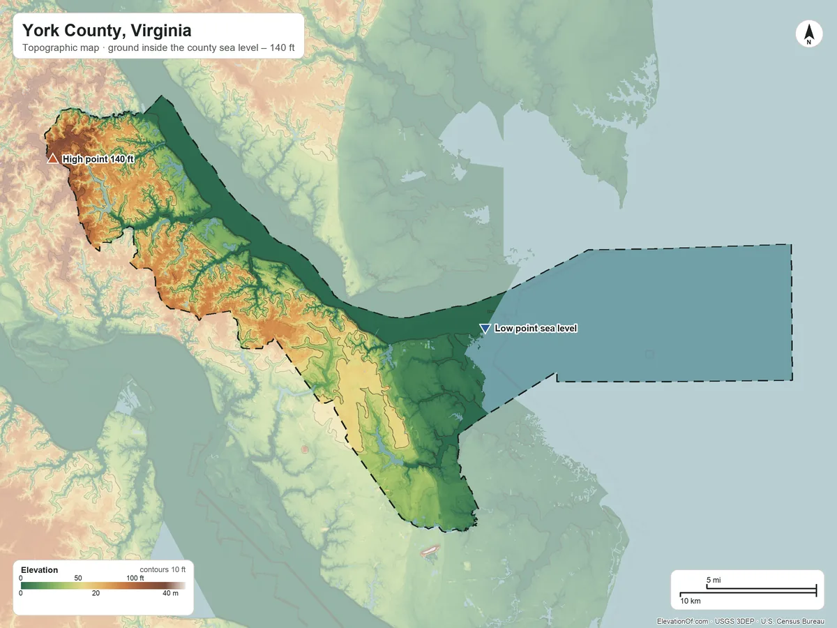 Topographic elevation map of York County, Virginia, shaded from sea level on Chesapeake Bay to 140 ft on the northwest side