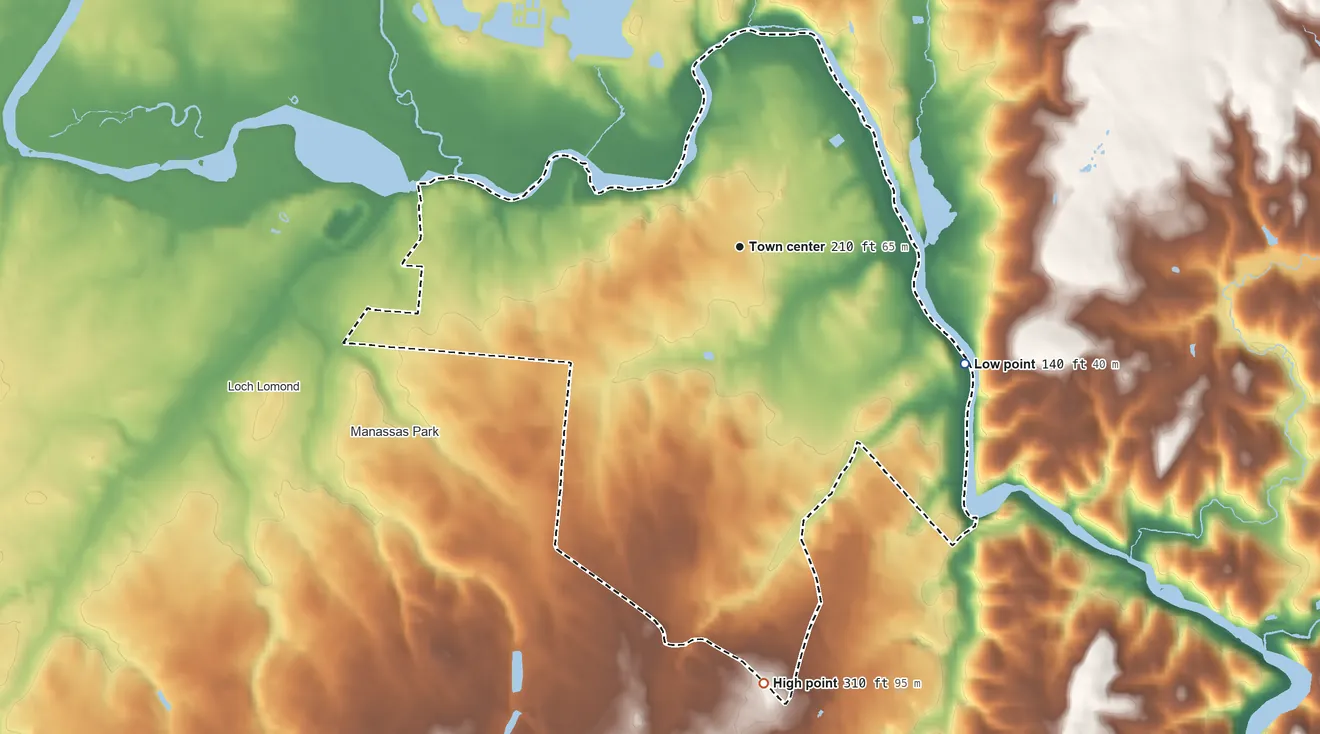 Topographic elevation map of Yorkshire, Virginia, shaded from 140 ft on the southeast side to 310 ft on the south side
