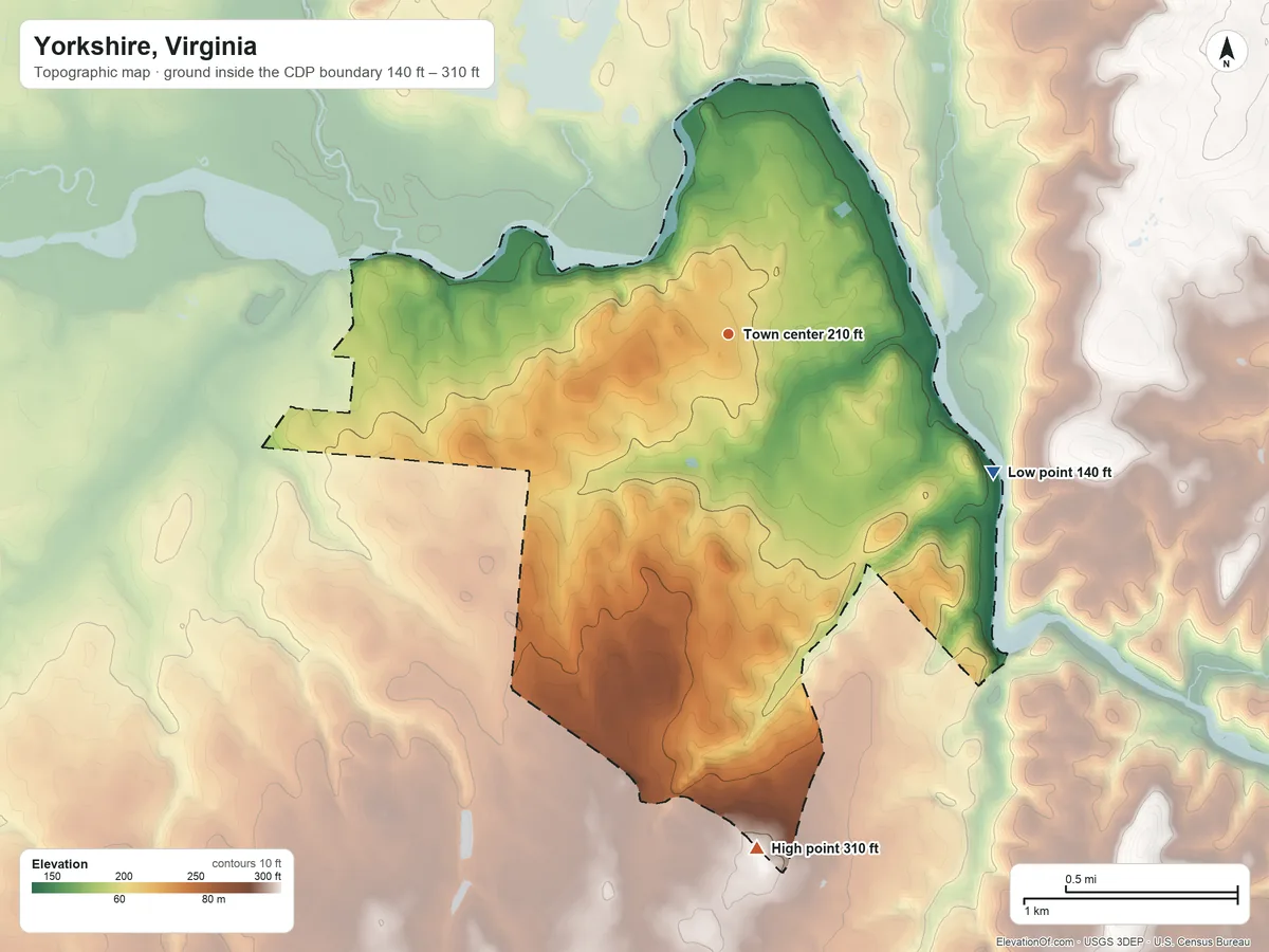 Topographic elevation map of Yorkshire, Virginia, shaded from 140 ft on the southeast side to 310 ft on the south side