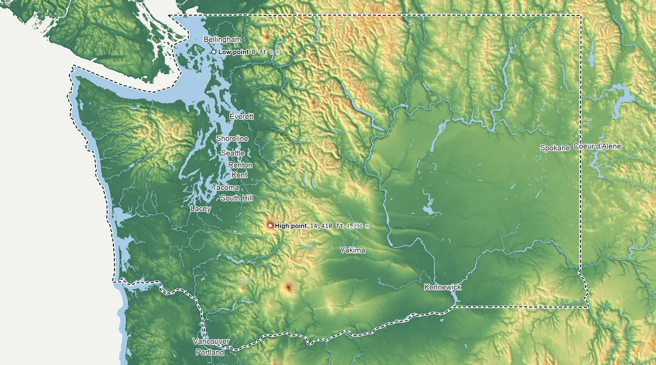 Topographic elevation map of Washington, shaded from sea level on Bellingham Bay to 14,410 ft on Mount Rainier