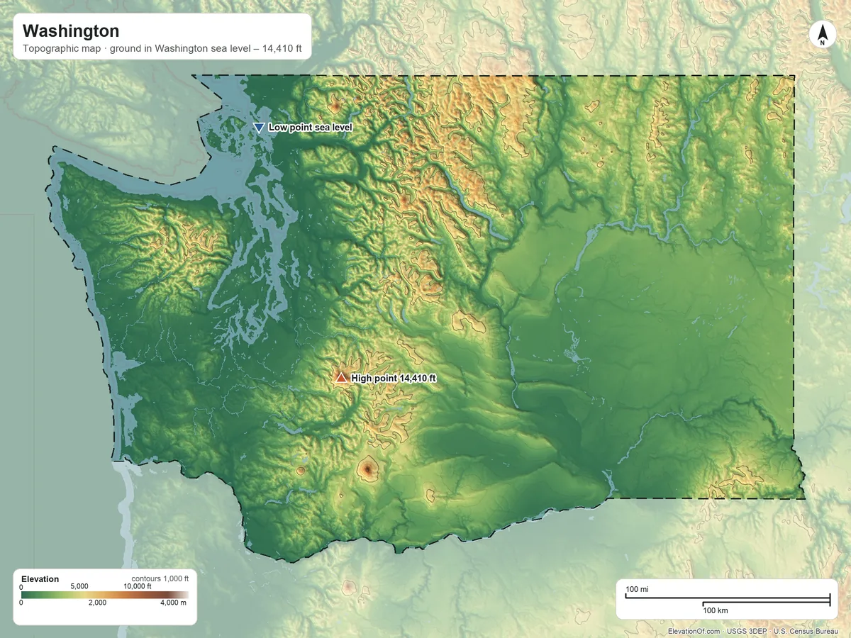 Topographic elevation map of Washington, shaded from sea level on Bellingham Bay to 14,410 ft on Mount Rainier