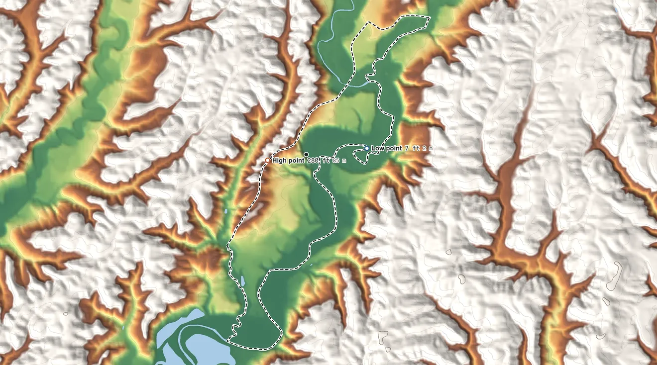 Topographic elevation map of Aberdeen Gardens, Washington, shaded from 7 ft on the east side to 280 ft near the middle