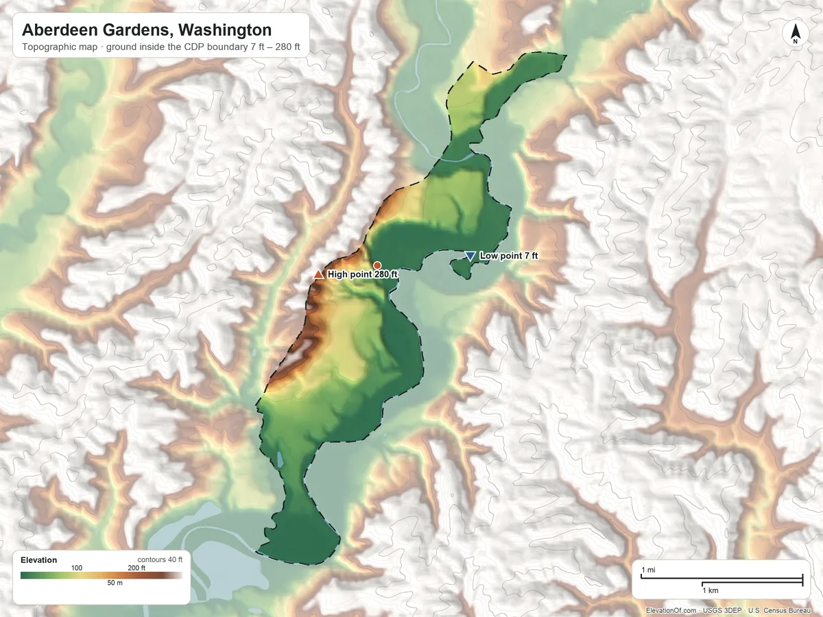 Topographic elevation map of Aberdeen Gardens, Washington, shaded from 7 ft on the east side to 280 ft near the middle