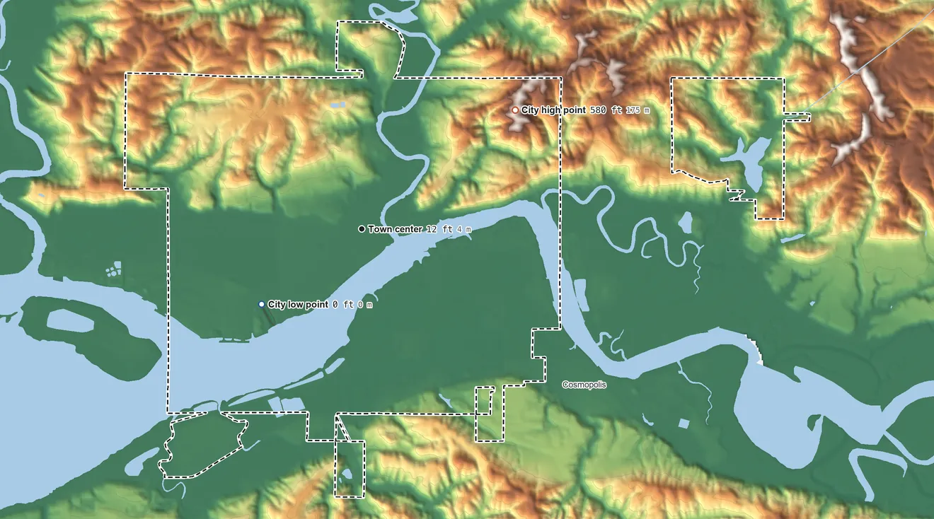 Topographic elevation map of Aberdeen, Washington, shaded from sea level level on Grays Harbor to 580 ft on the northeast side