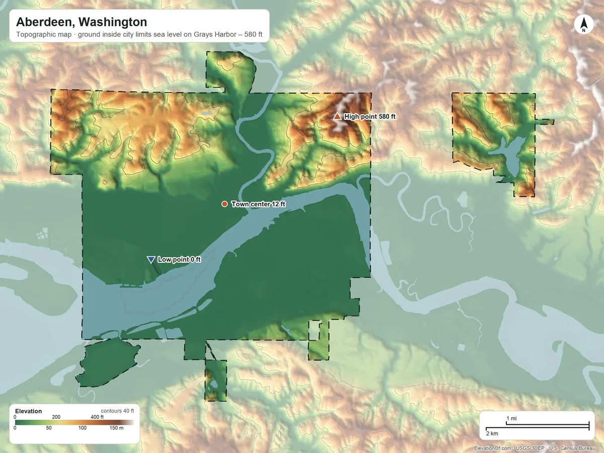 Topographic elevation map of Aberdeen, Washington, shaded from sea level level on Grays Harbor to 580 ft on the northeast side