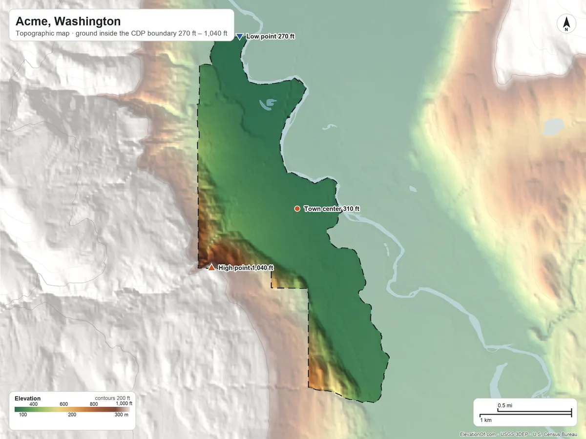 Topographic elevation map of Acme, Washington, shaded from 270 ft on the north side to 1,040 ft at the foot of the Twin Sisters Mountain