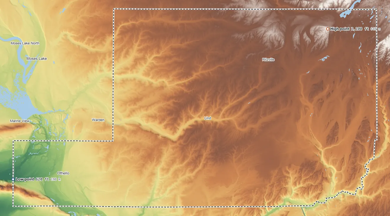 Topographic elevation map of Adams County, Washington, shaded from 620 ft on the west side to 2,100 ft on the northeast side