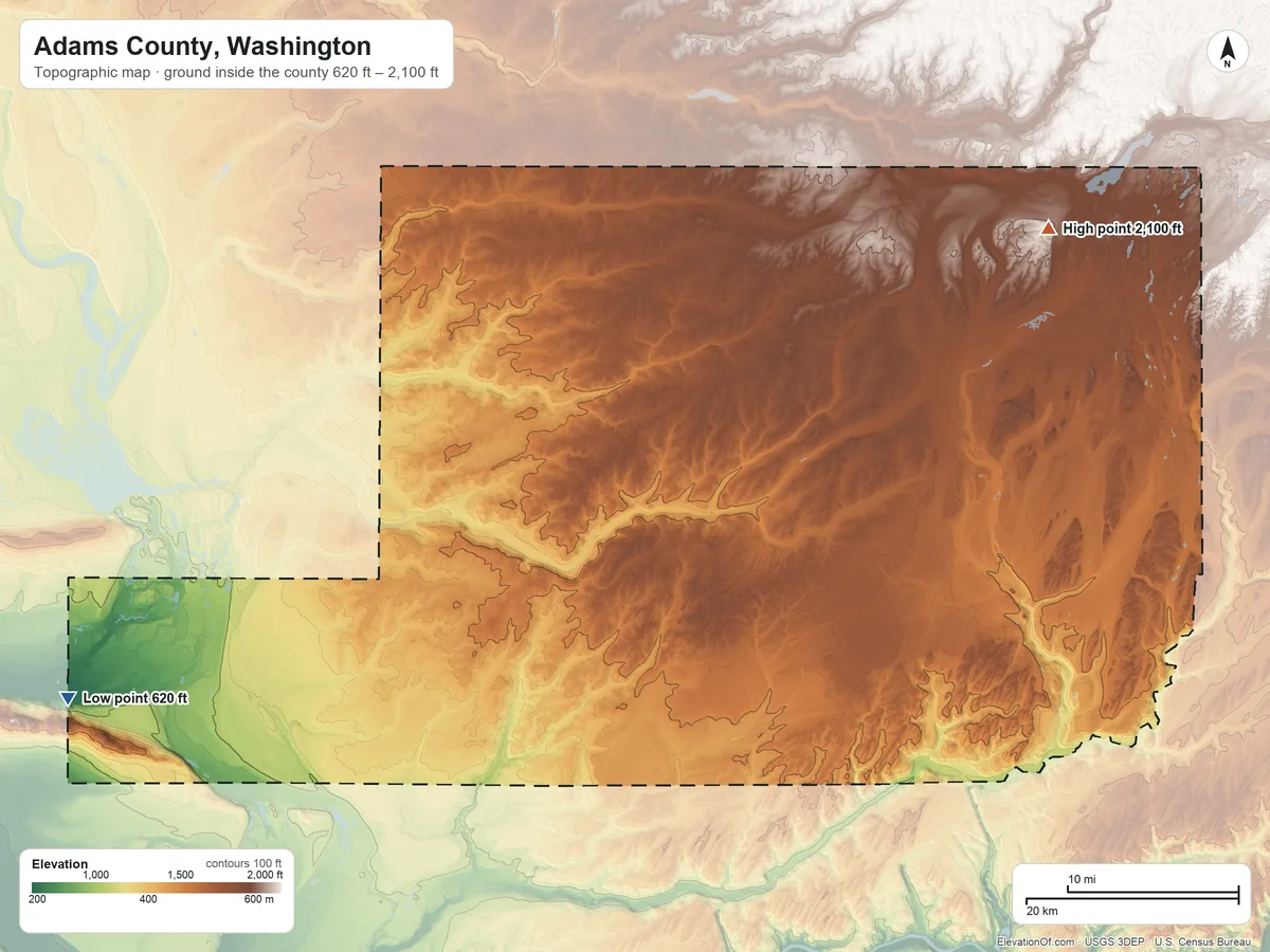 Topographic elevation map of Adams County, Washington, shaded from 620 ft on the west side to 2,100 ft on the northeast side