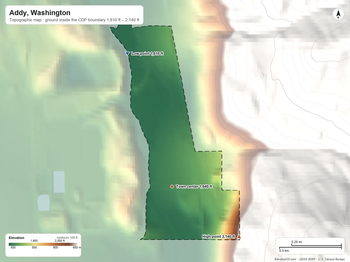 Topographic elevation map of Addy, Washington, shaded from 1,610 ft on the north side to 2,140 ft at the foot of the Iron Mountains