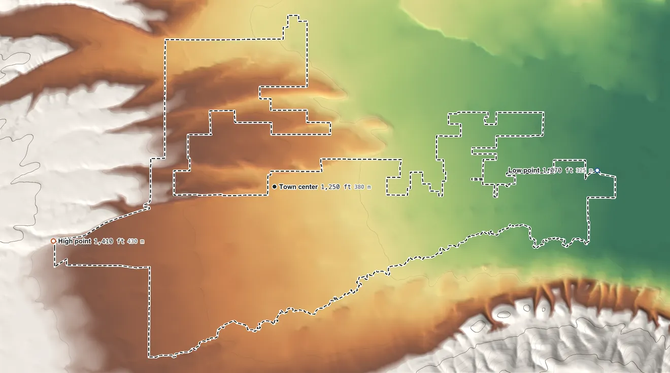 Topographic elevation map of Ahtanum, Washington, shaded from 1,070 ft on the east side to 1,410 ft on the west side