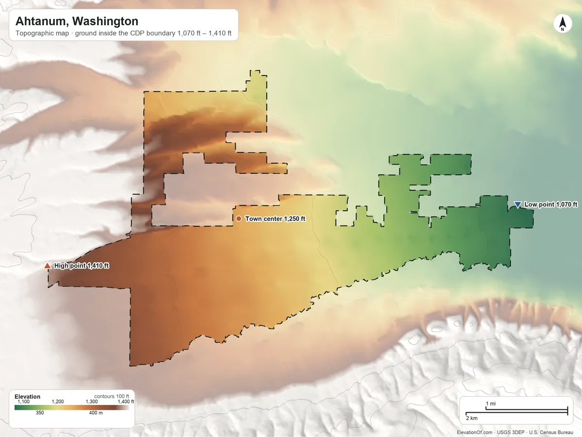 Topographic elevation map of Ahtanum, Washington, shaded from 1,070 ft on the east side to 1,410 ft on the west side