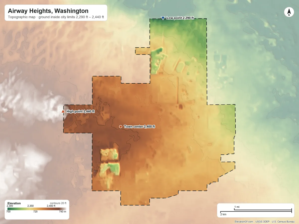 Topographic elevation map of Airway Heights, Washington, shaded from 2,290 ft on the north side to 2,440 ft on the west side