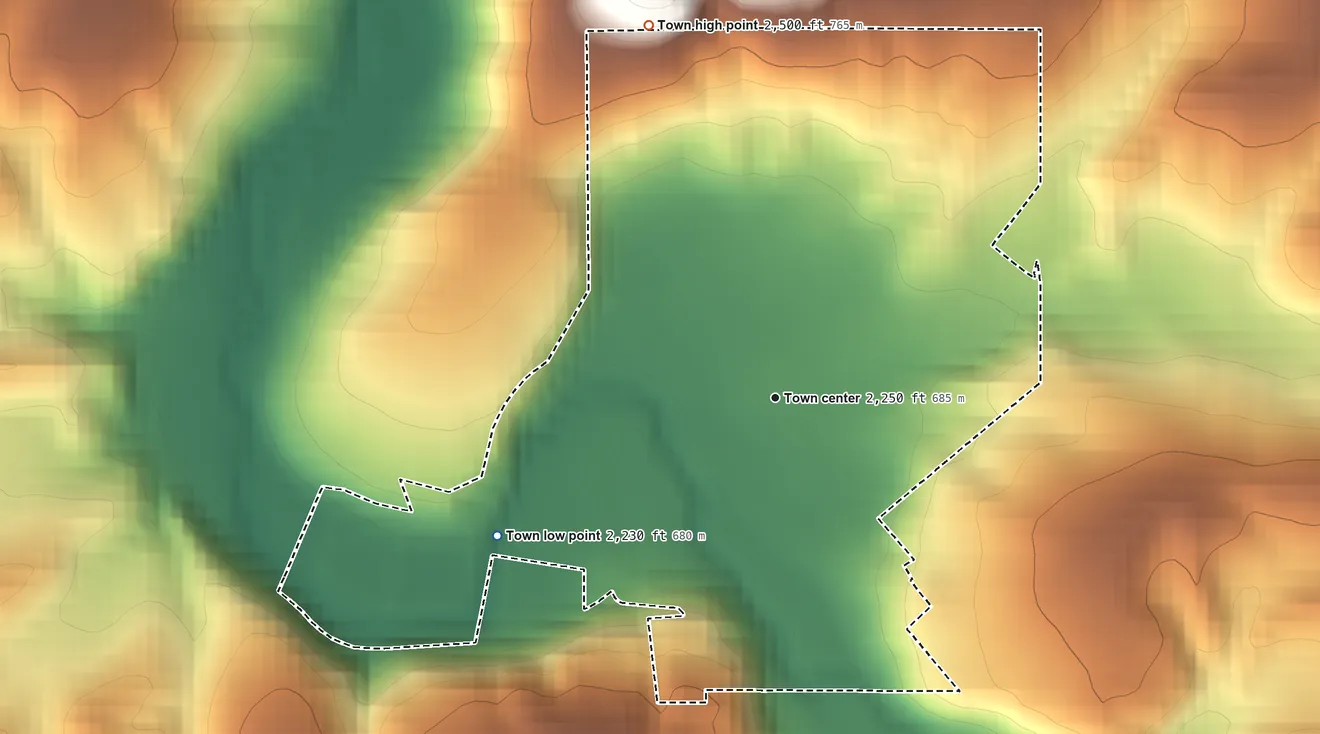 Topographic elevation map of Albion, Washington, shaded from 2,230 ft on the southwest side to 2,500 ft on the north edge, below higher ground just outside