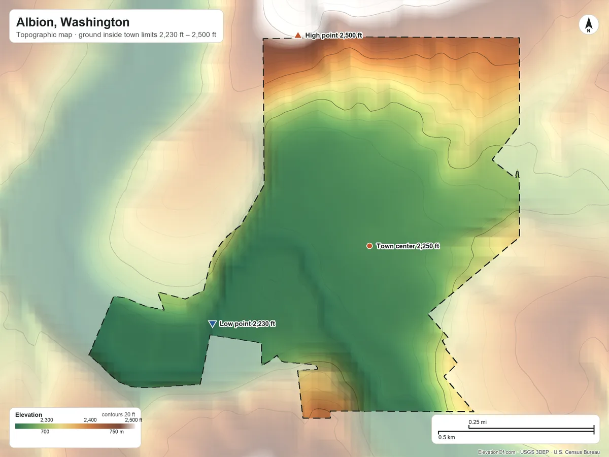 Topographic elevation map of Albion, Washington, shaded from 2,230 ft on the southwest side to 2,500 ft on the north edge, below higher ground just outside