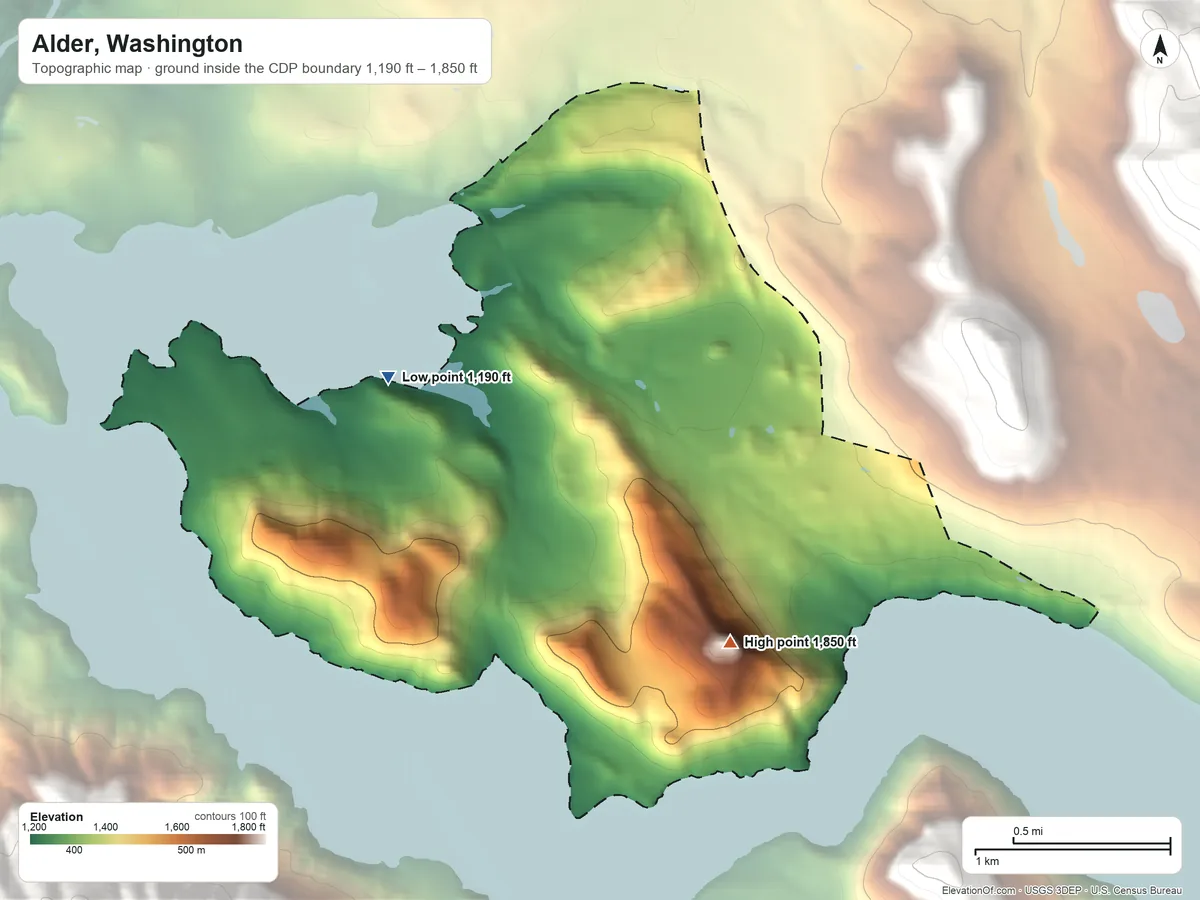 Topographic elevation map of Alder, Washington, shaded from 1,190 ft on the northwest side to 1,850 ft on Reliance Hill