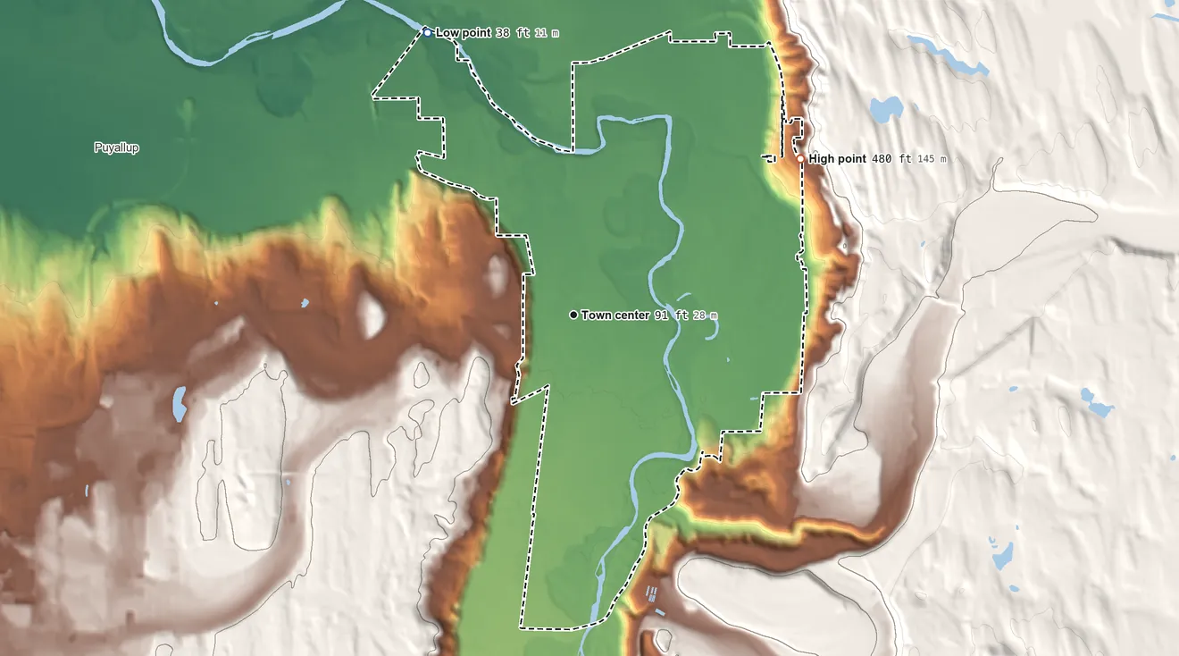 Topographic elevation map of Alderton, Washington, shaded from 38 ft on the northwest side to 480 ft on the northeast side