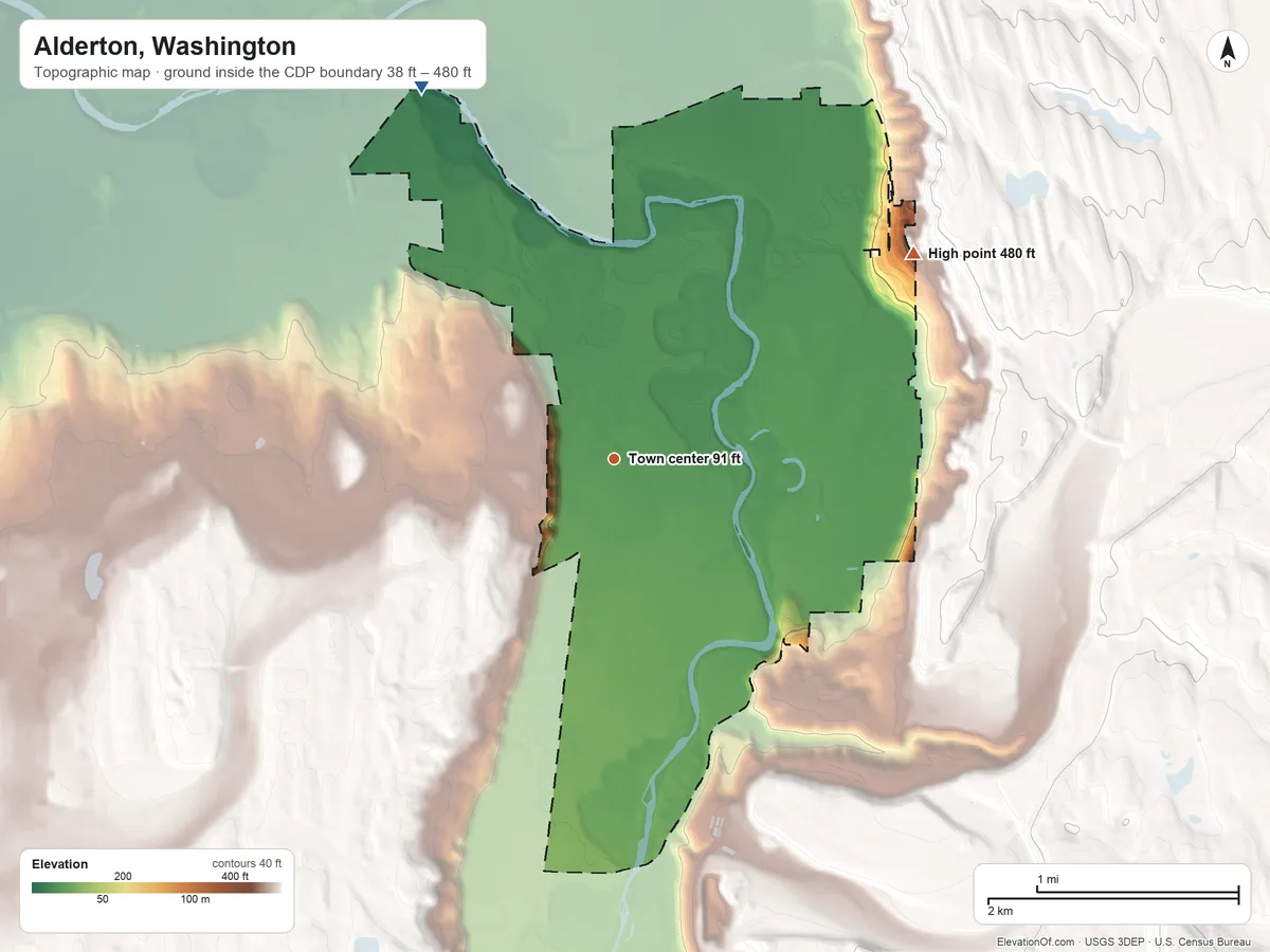 Topographic elevation map of Alderton, Washington, shaded from 38 ft on the northwest side to 480 ft on the northeast side