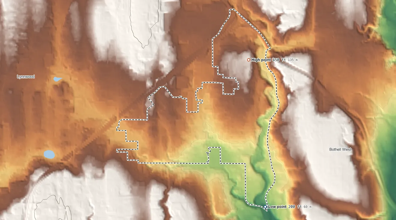 Topographic elevation map of Alderwood Manor, Washington, shaded from 200 ft on the southeast side to 450 ft on the northeast side