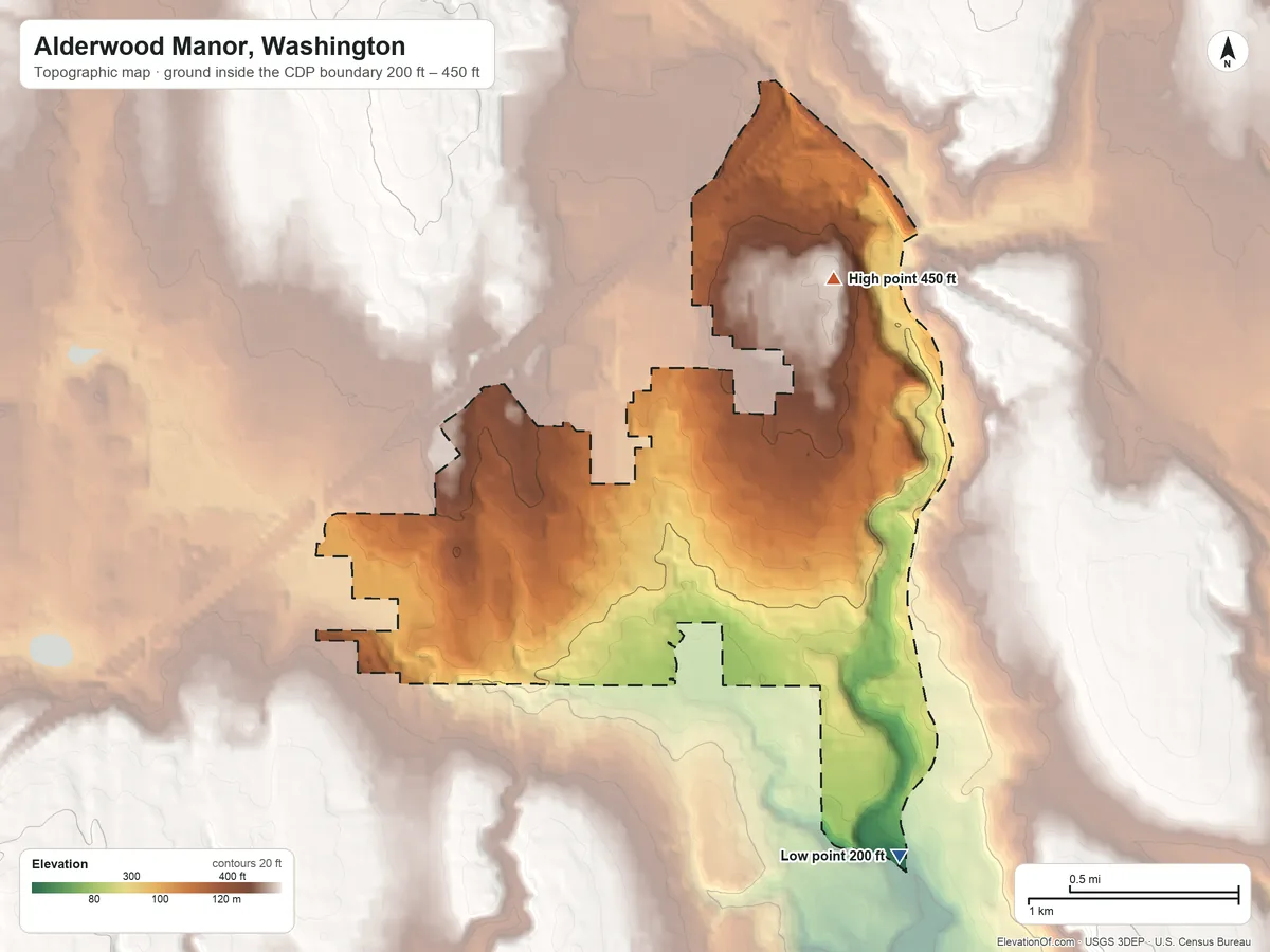 Topographic elevation map of Alderwood Manor, Washington, shaded from 200 ft on the southeast side to 450 ft on the northeast side