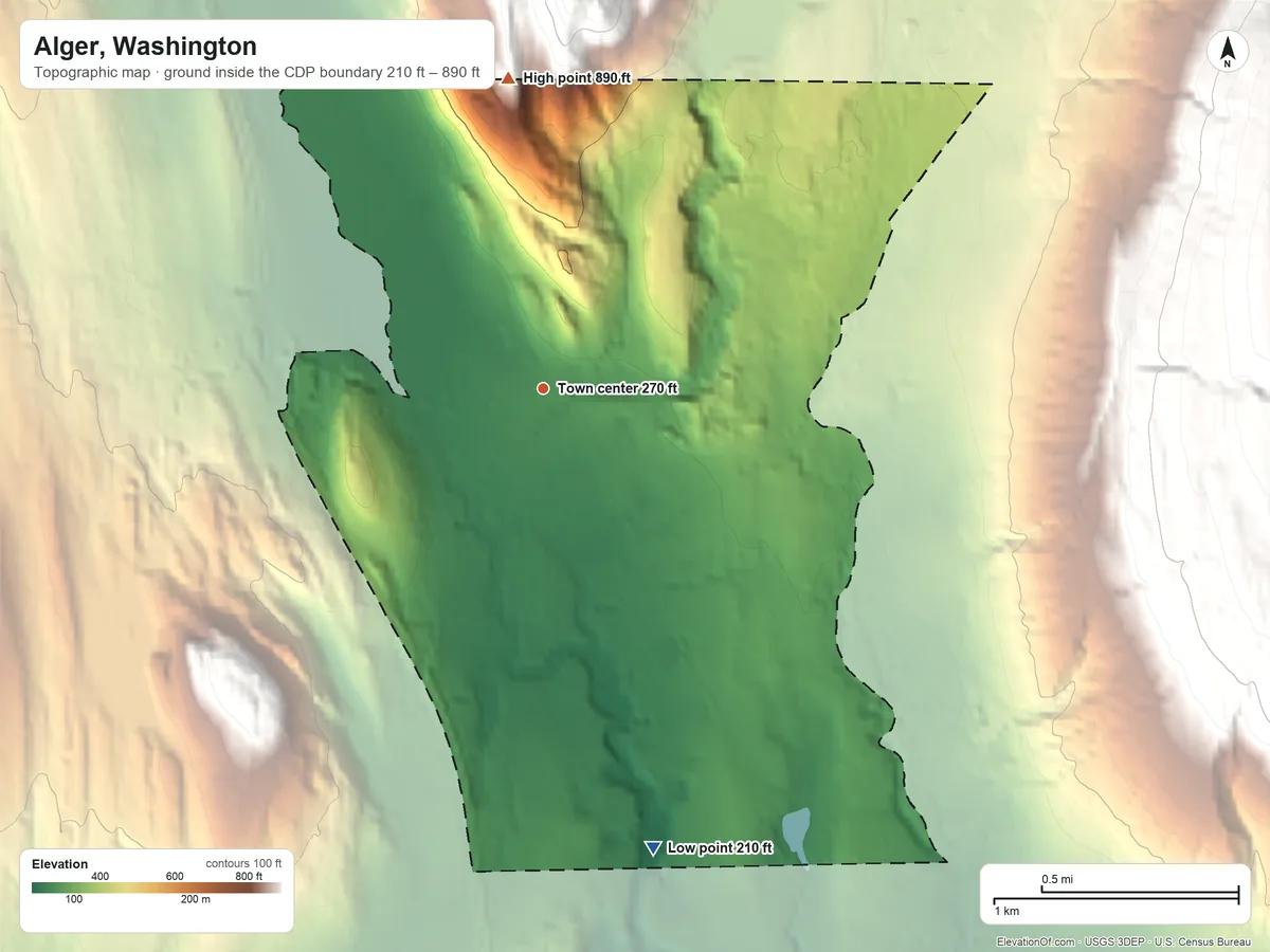 Topographic elevation map of Alger, Washington, shaded from 210 ft on the south side to 890 ft on the north edge, below higher ground just outside