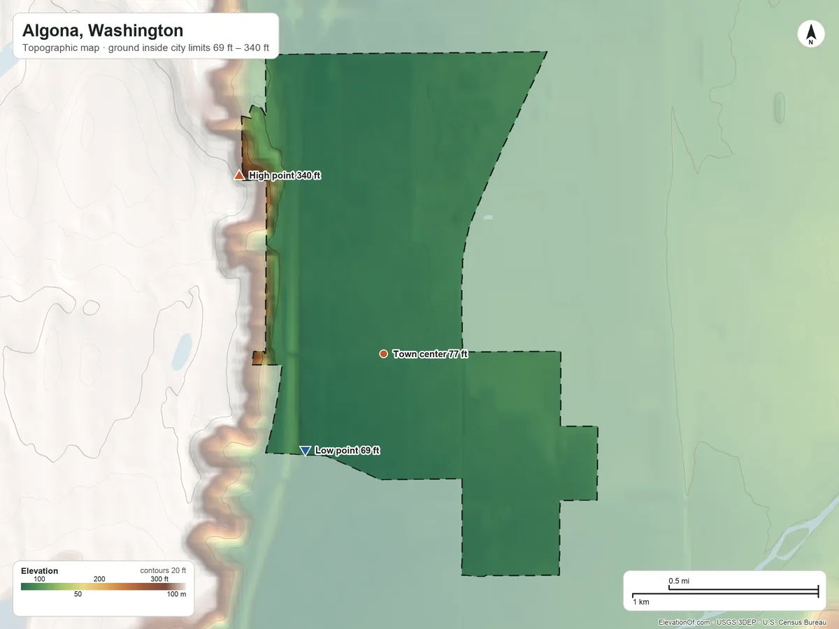 Topographic elevation map of Algona, Washington, shaded from 69 ft on the southwest side to 340 ft on the northwest side