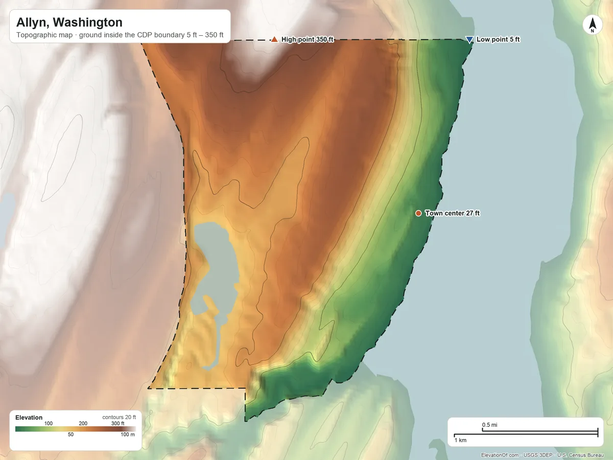 Topographic elevation map of Allyn, Washington, shaded from 5 ft on the north side to 350 ft on the northwest side