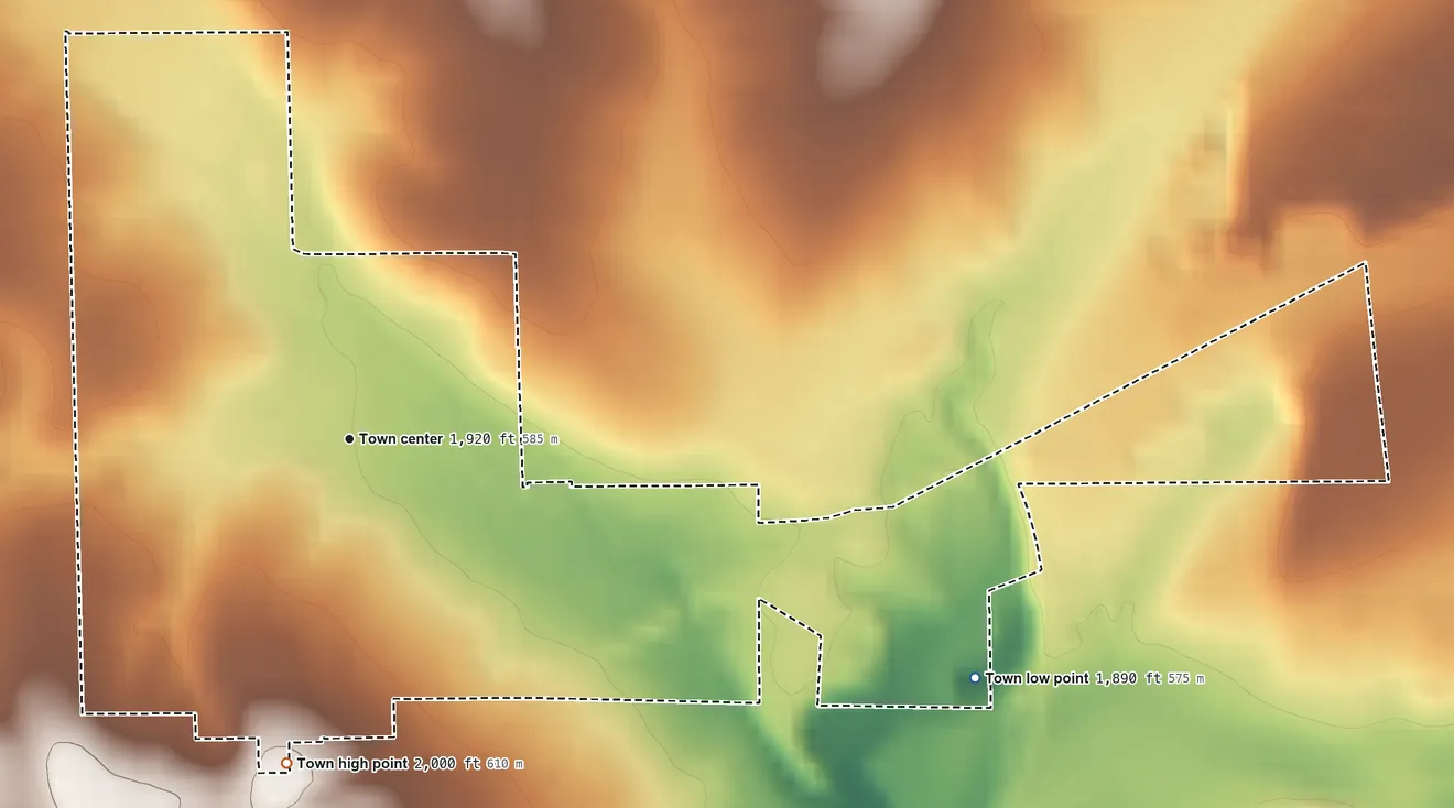Topographic elevation map of Almira, Washington, shaded from 1,890 ft on the east side to 2,000 ft on the south side