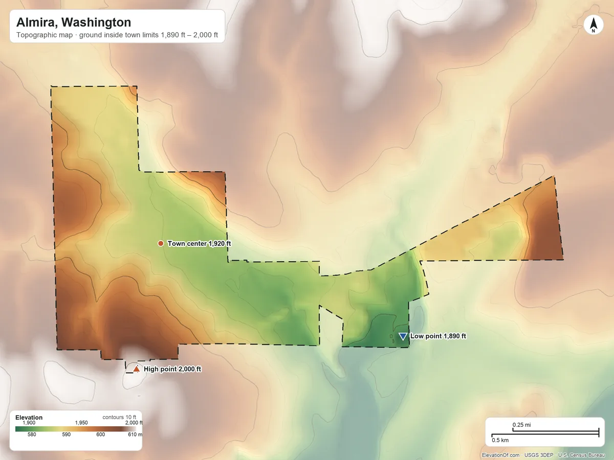 Topographic elevation map of Almira, Washington, shaded from 1,890 ft on the east side to 2,000 ft on the south side