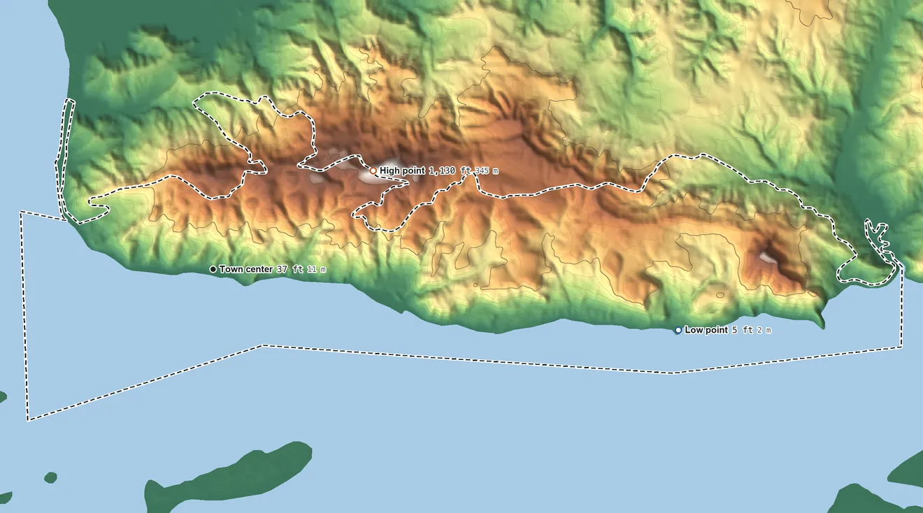 Topographic elevation map of Altoona, Washington, shaded from 5 ft on the east side to 1,130 ft on the northeast edge, below higher ground just outside