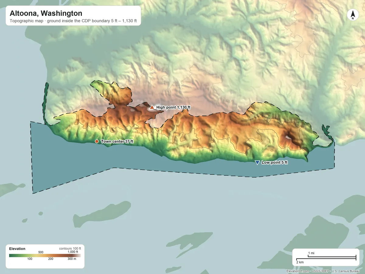 Topographic elevation map of Altoona, Washington, shaded from 5 ft on the east side to 1,130 ft on the northeast edge, below higher ground just outside