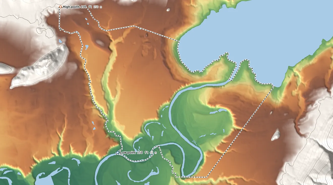 Topographic elevation map of Amanda Park, Washington, shaded from 150 ft on the southwest side to 490 ft on the west edge, below higher ground just outside