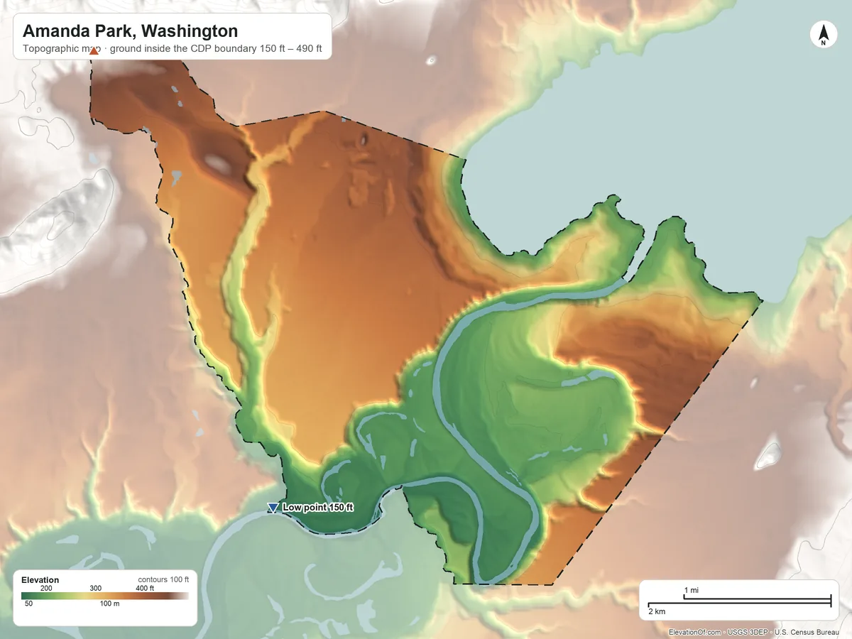 Topographic elevation map of Amanda Park, Washington, shaded from 150 ft on the southwest side to 490 ft on the west edge, below higher ground just outside