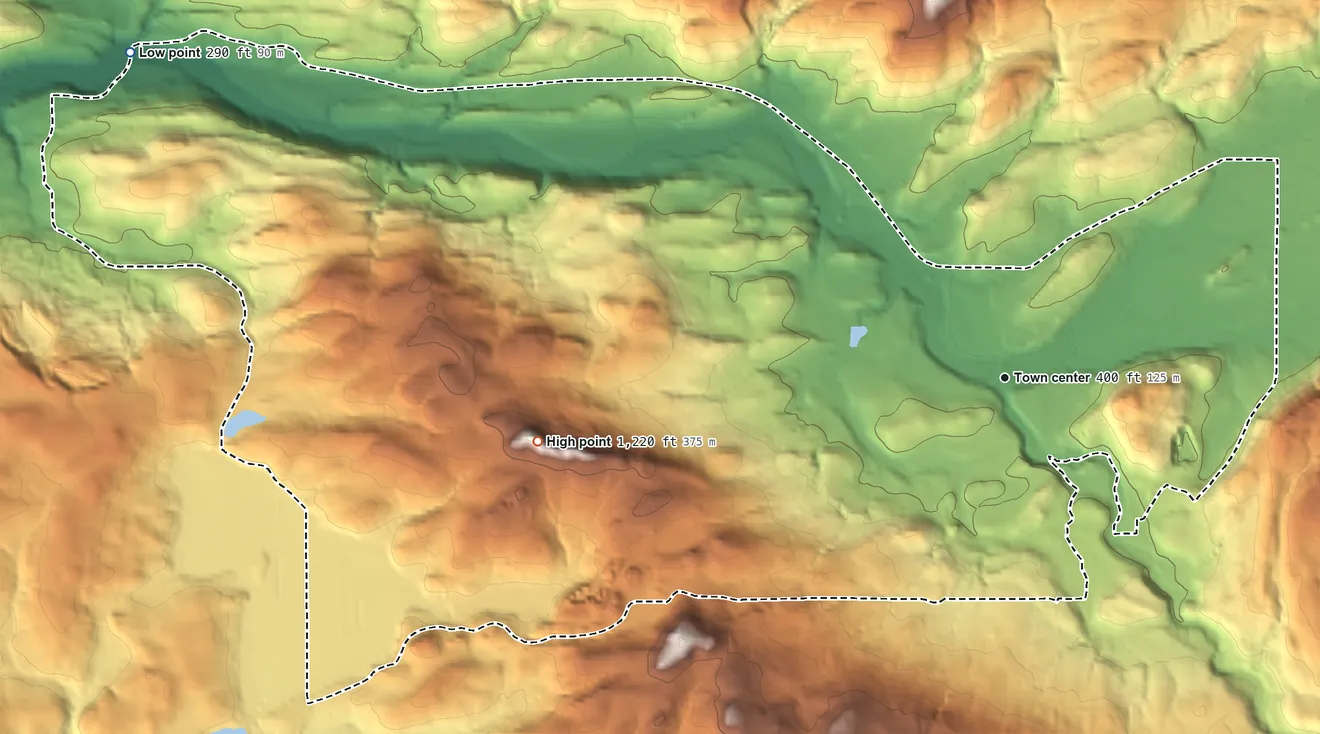Topographic elevation map of Amboy, Washington, shaded from 290 ft on the west side to 1,220 ft on the west side