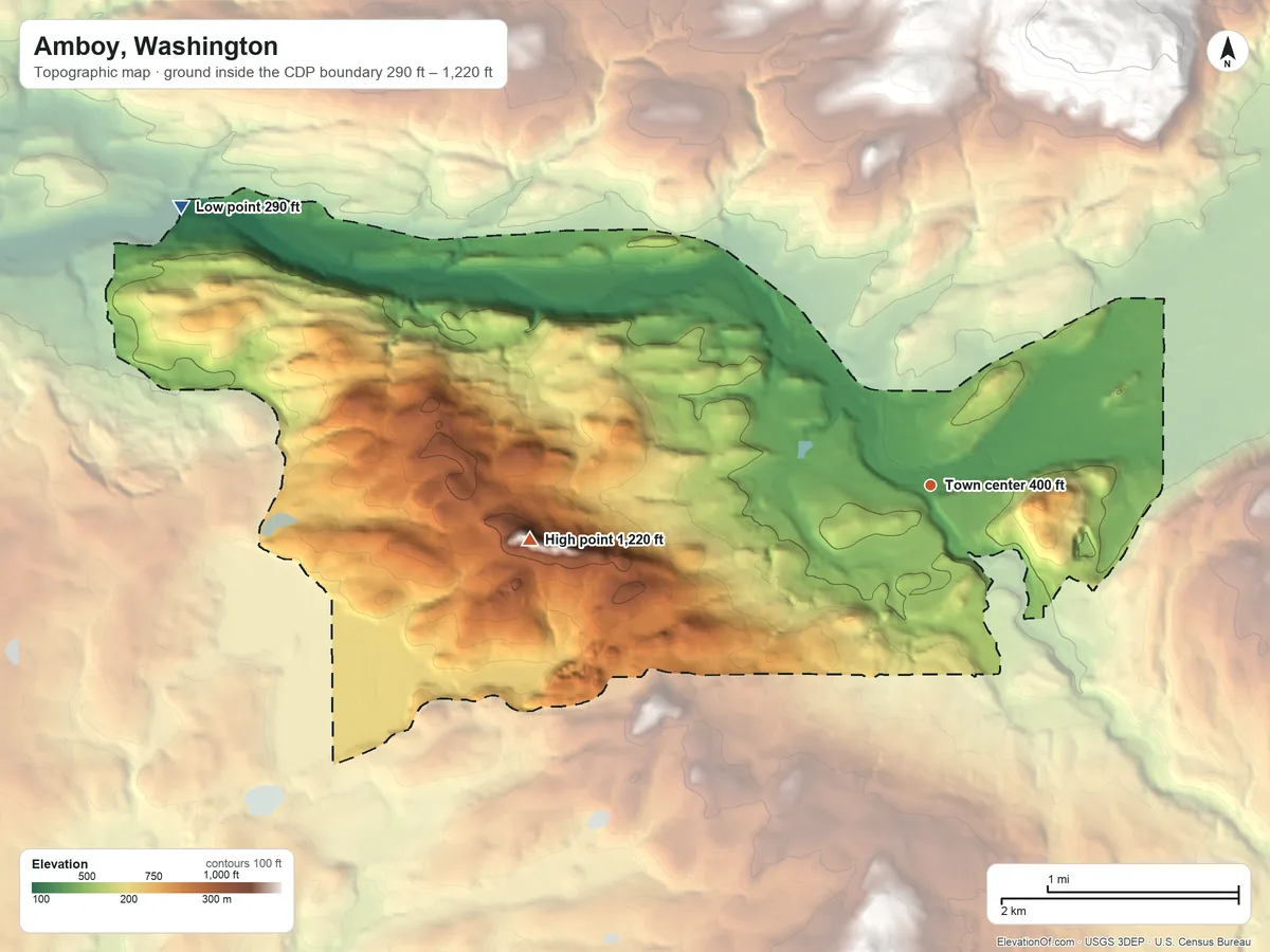 Topographic elevation map of Amboy, Washington, shaded from 290 ft on the west side to 1,220 ft on the west side
